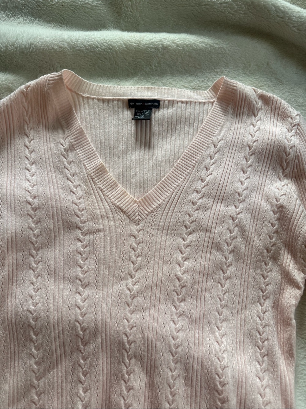 New York & Company Soft Pink V-Neck Cable Knit Sweater